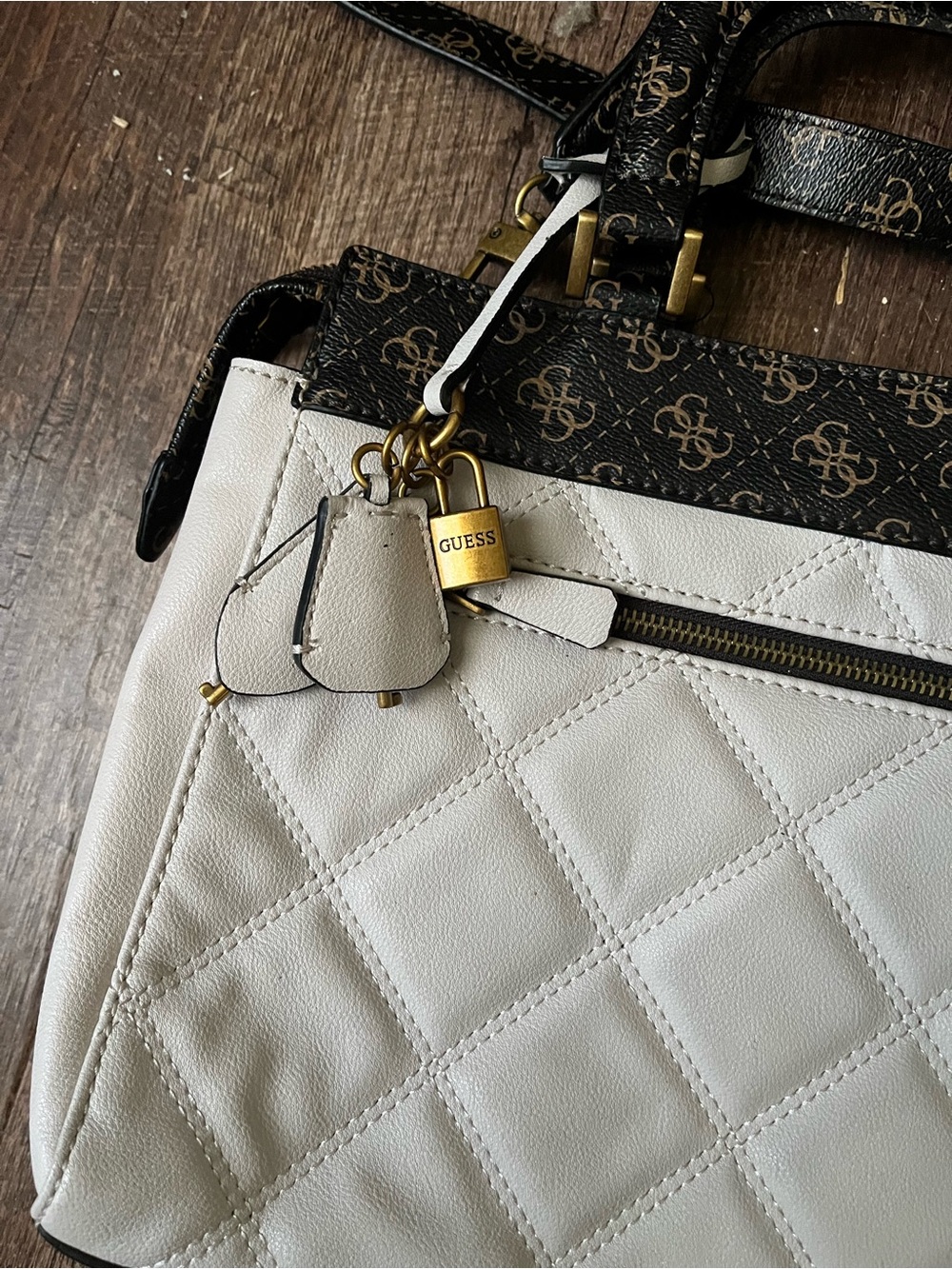GUESS White Quilted Satchel with Black Logo Trim and Gold Hardware - Picture 3 of 3
